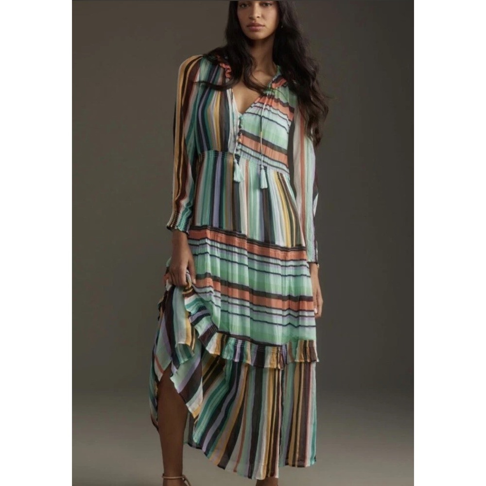 NWT ANTHROPOLOGIE The Marais Printed Chiffon Maxi Dress size S striped with slip